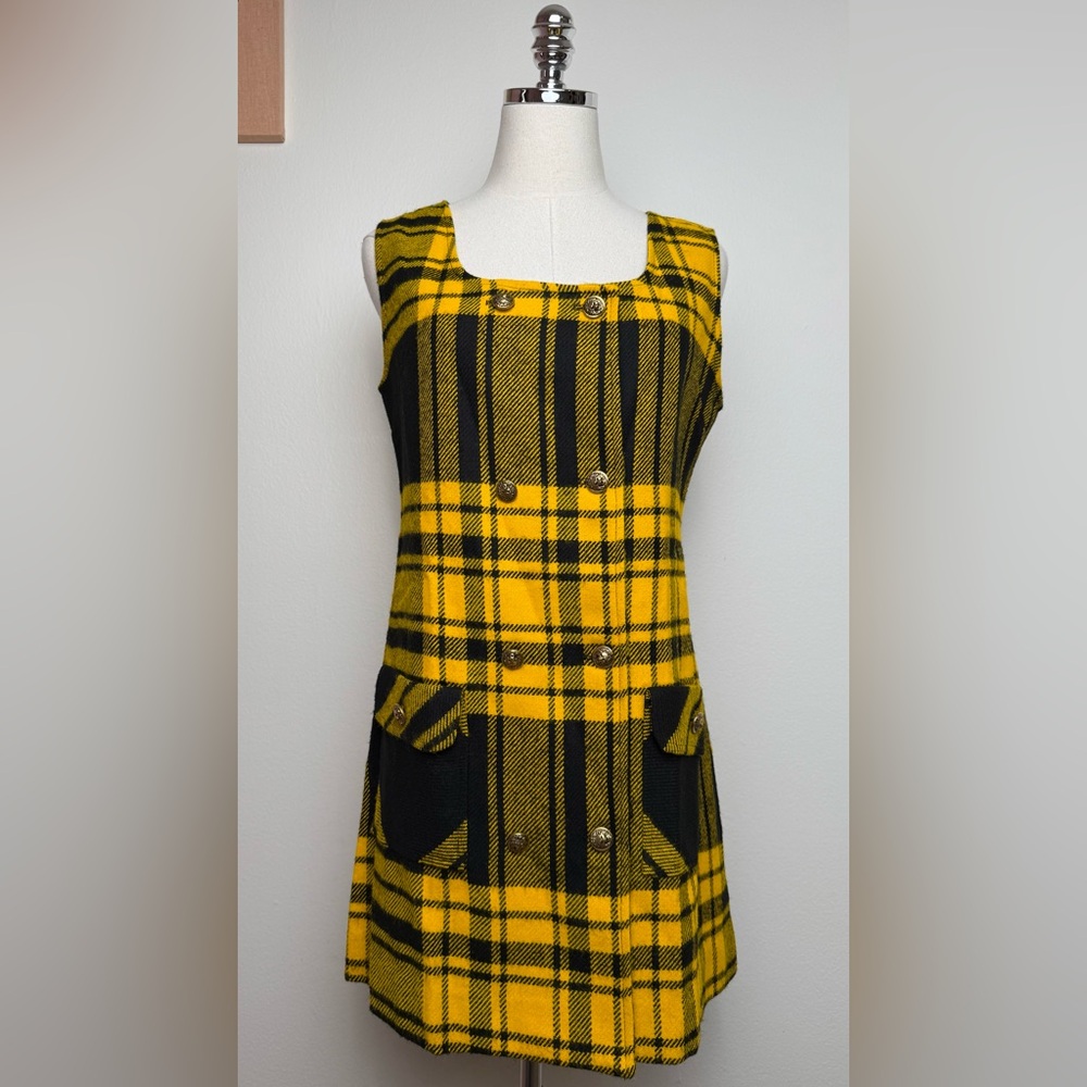 Vintage 1972 Lemon Frog Sears Jumper Black Gold Yellow Plaid Dress Junior 14 - Picture 4 of 13